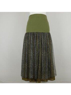 Atos Lombardini Women's Medium Green Brown Boho Mesh Layered Full Midi Skirt